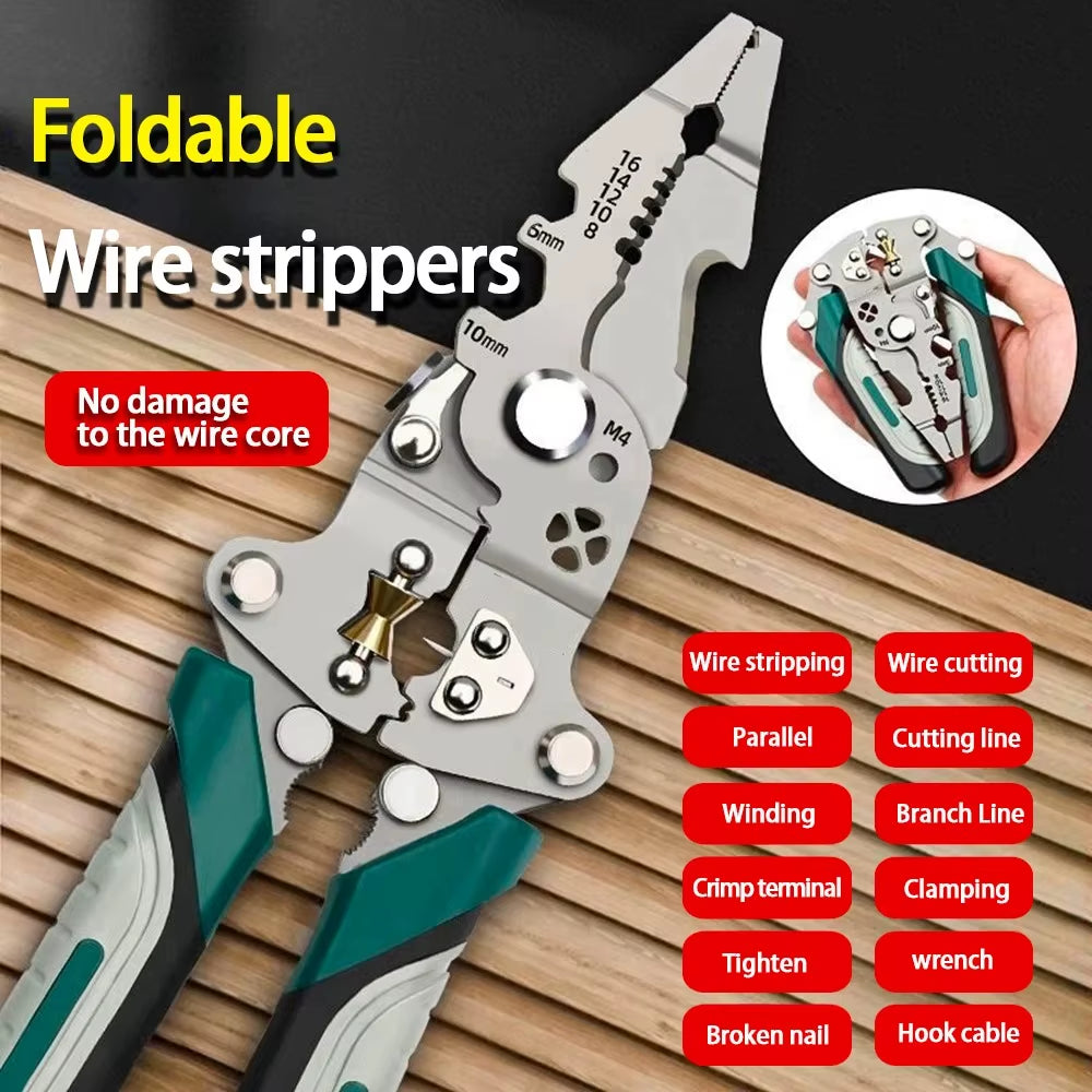 Foldable Wire Stripper, Pulley Design Multi-Function Electrician Wire Splitter Wire Winding Pliers Crimping Pliers Hand Tool