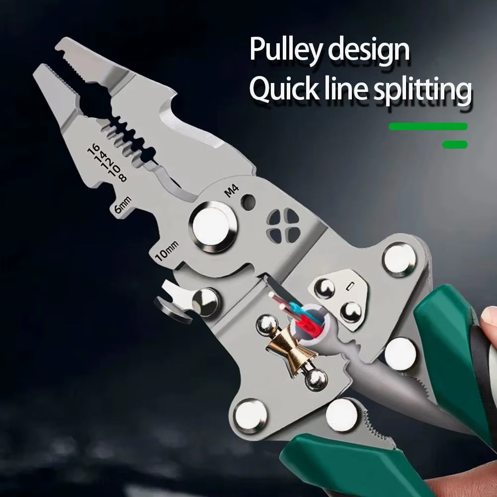Foldable Wire Stripper, Pulley Design Multi-Function Electrician Wire Splitter Wire Winding Pliers Crimping Pliers Hand Tool