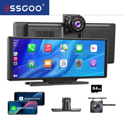 10.26" 4K HD Dash Cam IPS Touchscreen Car Stereo Rearview Wireless Carplay Android Auto Dual Len Recorder W /64G TF Card