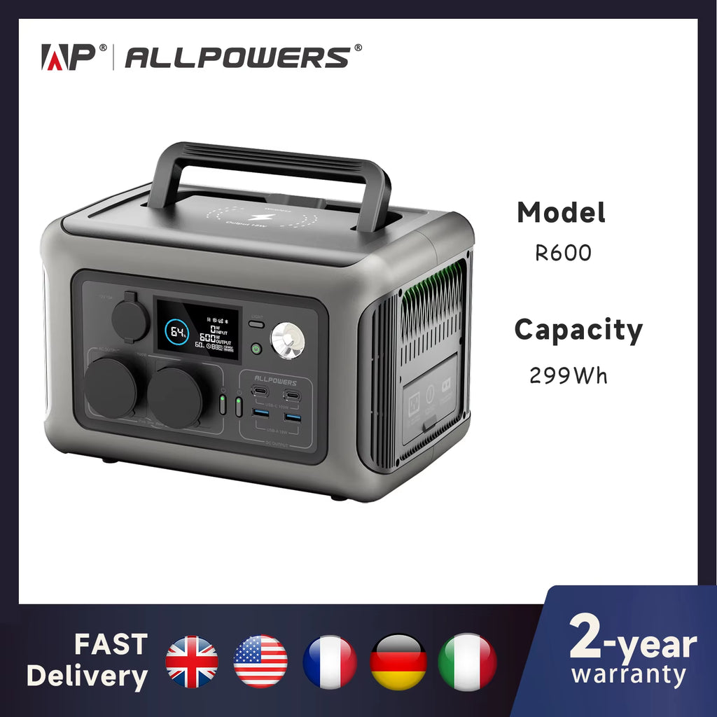 Portable Power Station R600, 299Wh Lifep04 Battery with 2X 600W (1200W Surge) AC Outlets for Outdoor Camping RV Home