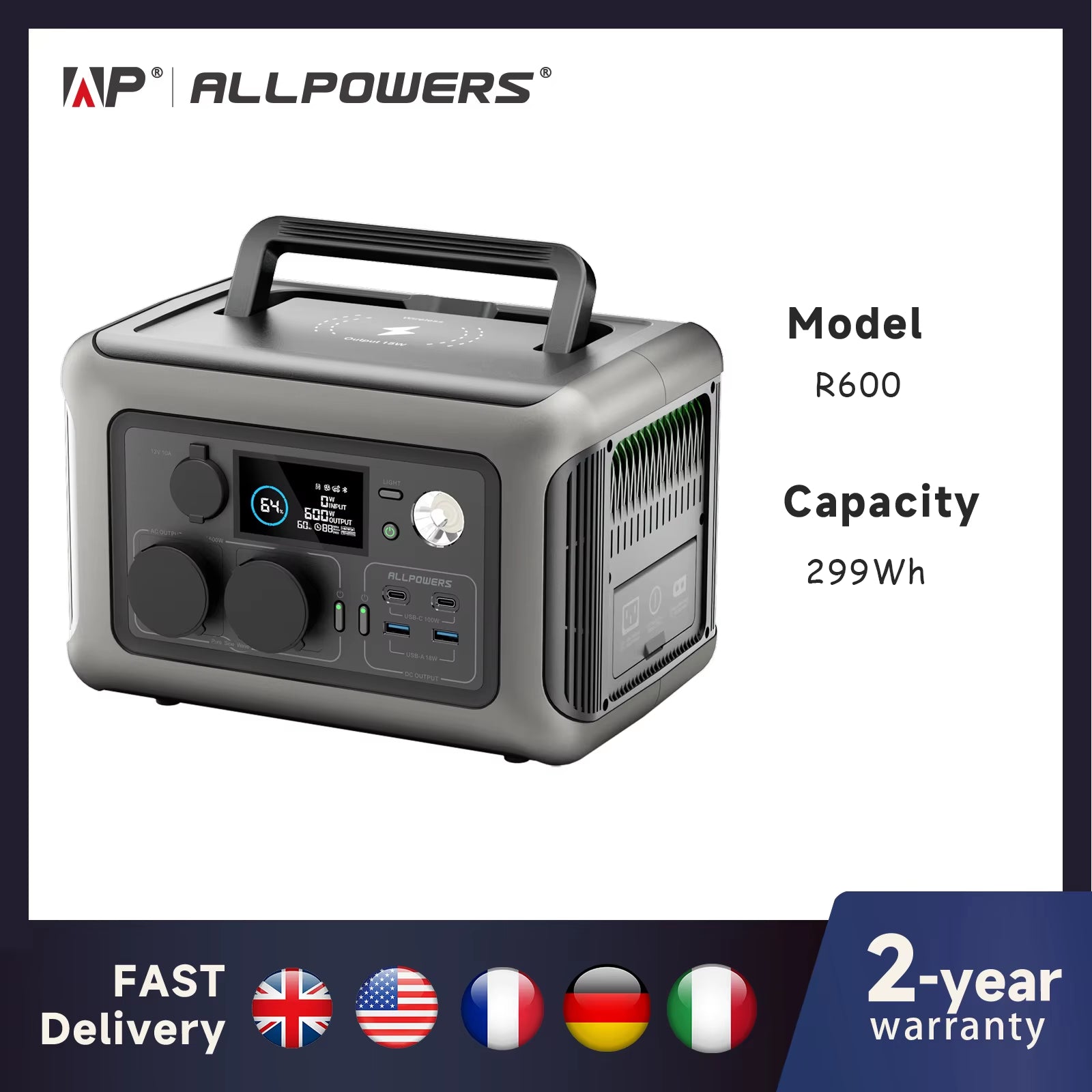 Portable Power Station R600, 299Wh Lifep04 Battery with 2X 600W (1200W Surge) AC Outlets for Outdoor Camping RV Home