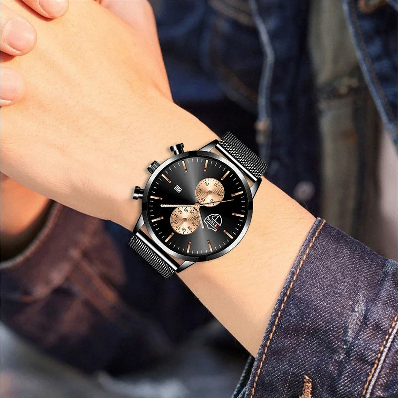 Brand Men'S Luxury Watches Fashion Stainless Steel Mesh Belt Quartz Wrist Watch Men Sports Luminous Clock Relogio Masculino